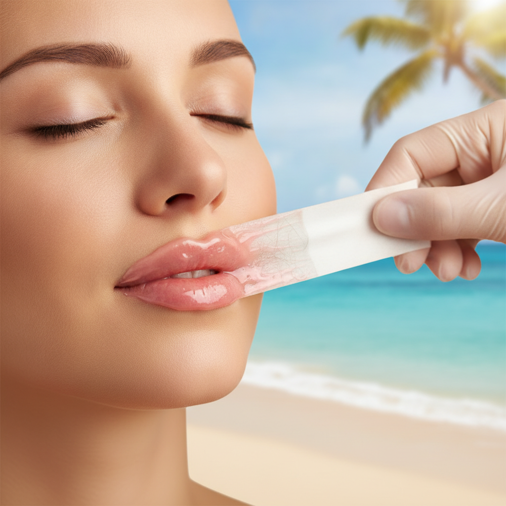 Lip done undergoing lip waxing with beach background